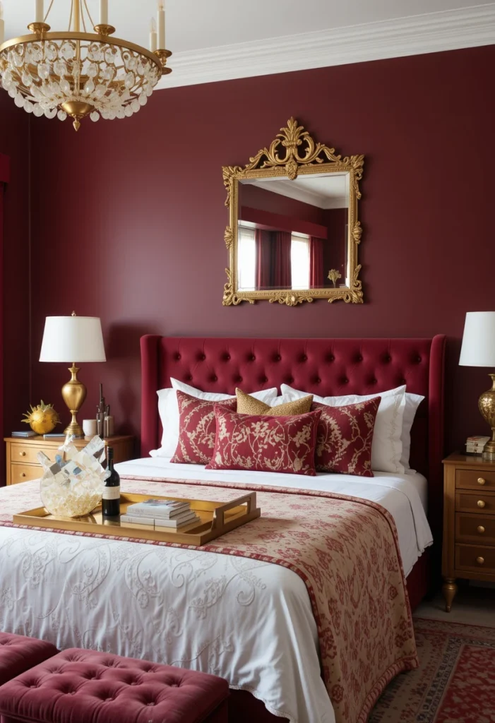 Burgundy Bedroom with Gold Accents