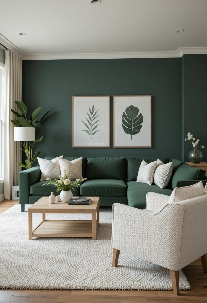 Dark Green Sectional with White and Cream Accents