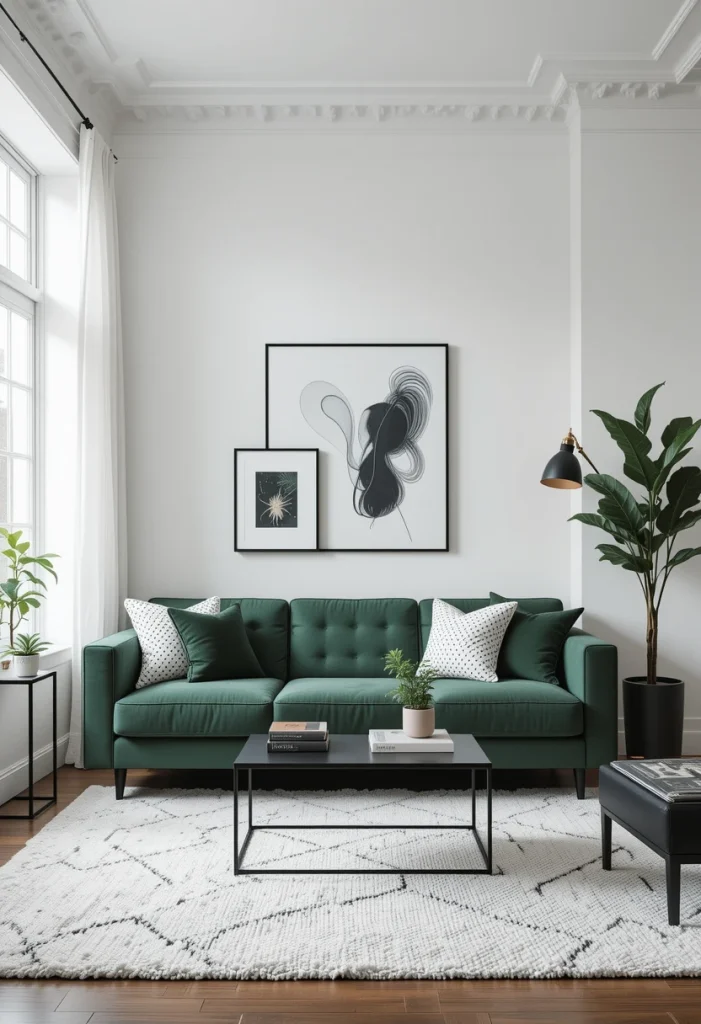 White and Green Living Room with Black Accents