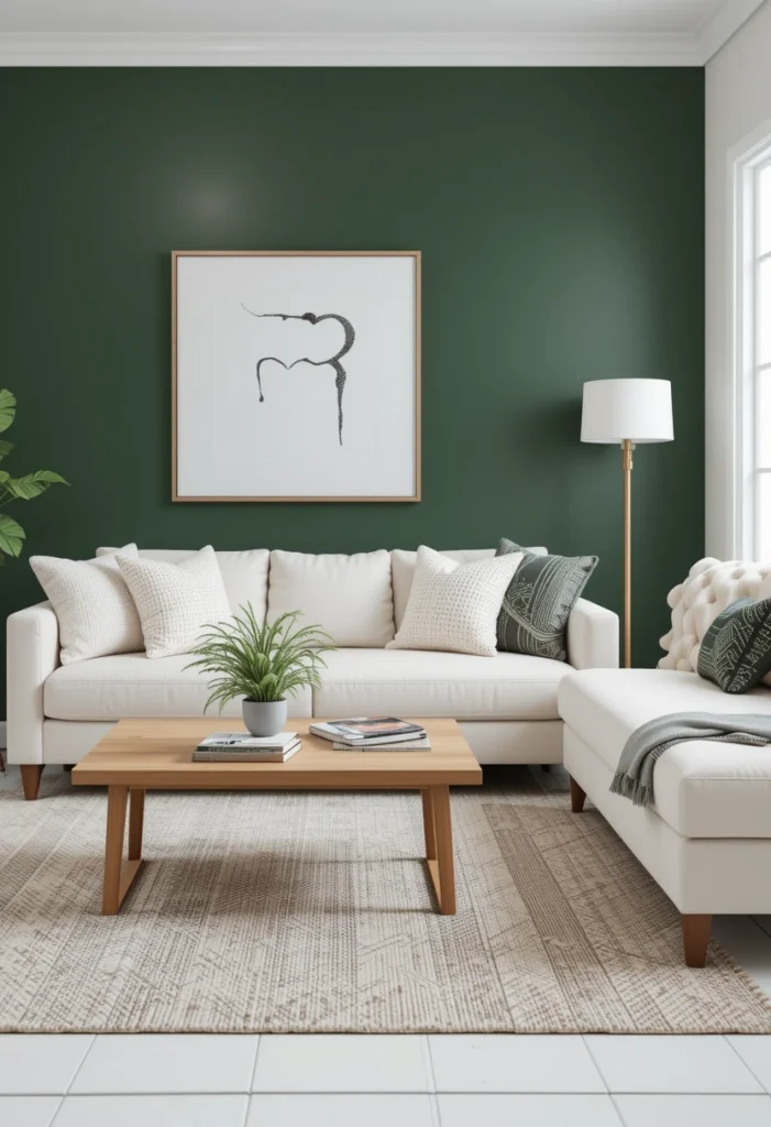 Dark Green Accent Wall with a White Sofa
