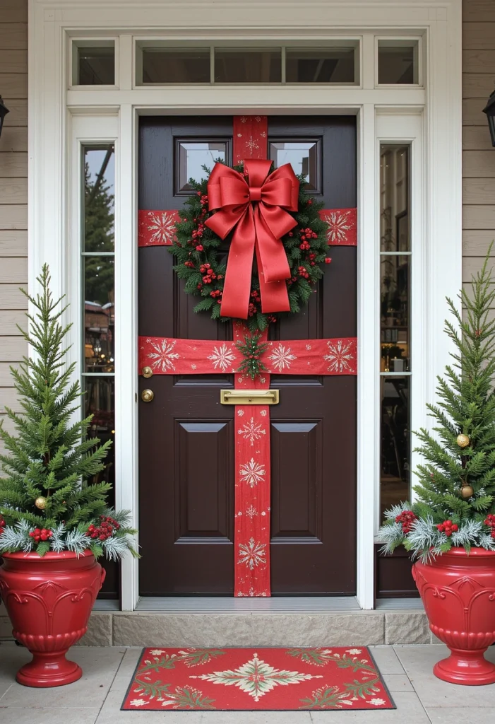 Christmas Porch with a Gift-Wrapped Door