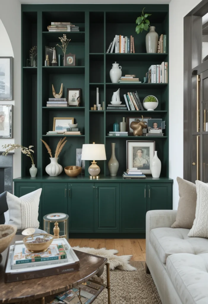 Dark Green Built-In Shelves Against White Walls