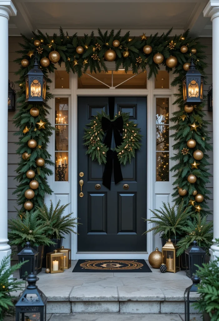 Black, Green, and Gold Christmas Porch