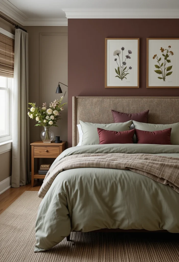 Burgundy and Sage Green Bedroom