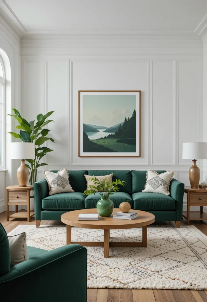 White Walls with a Dark Green Velvet Sofa