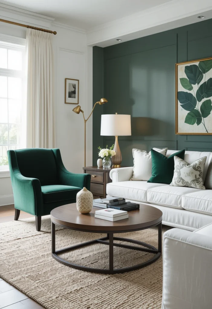 Green Accent Chairs with a White Sofa