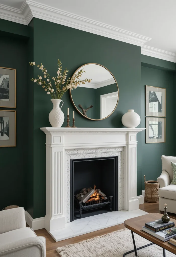 Modern White Fireplace with Dark Green Walls