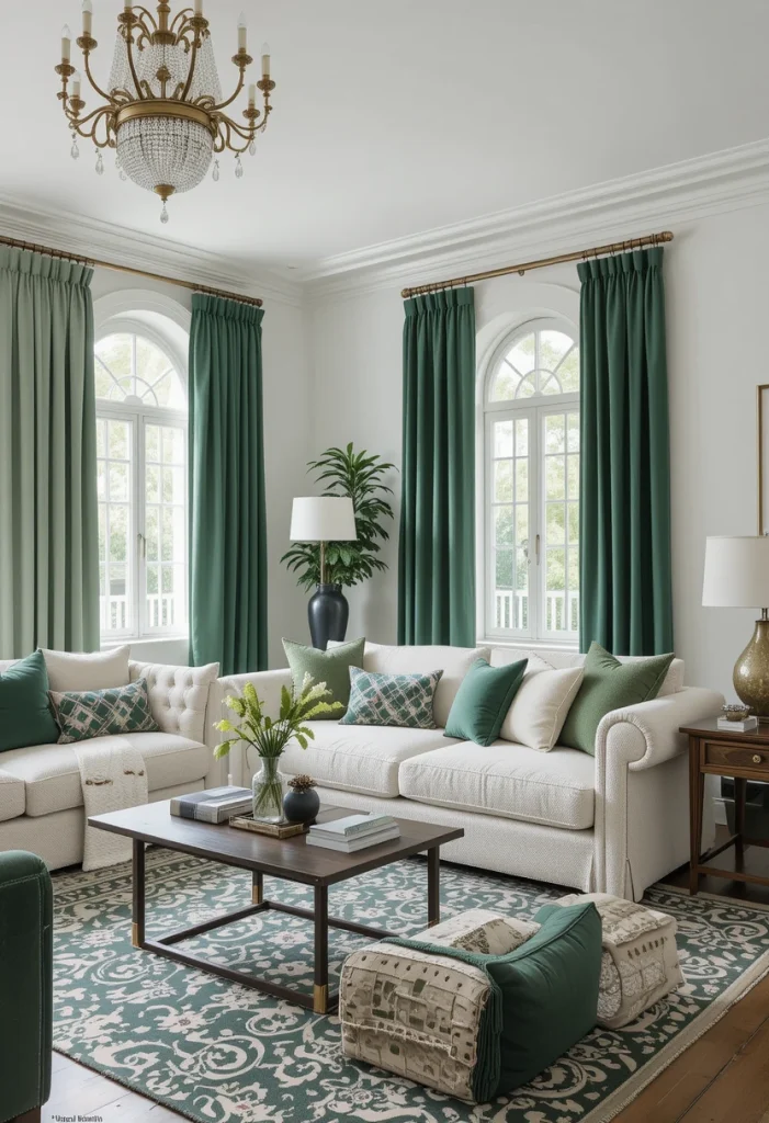 White Boucle Sofa with Dark Green Curtains
