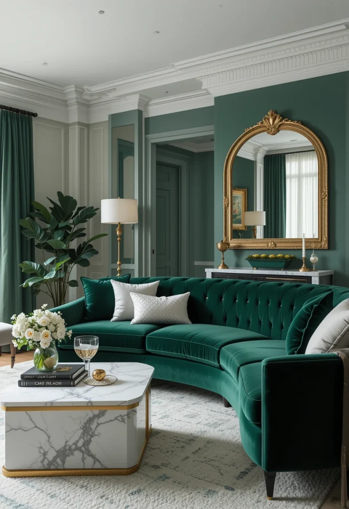 White and Dark Green Living Room with Gold Accents