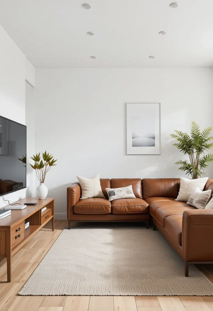 White Walls with a Brown Leather Sofa