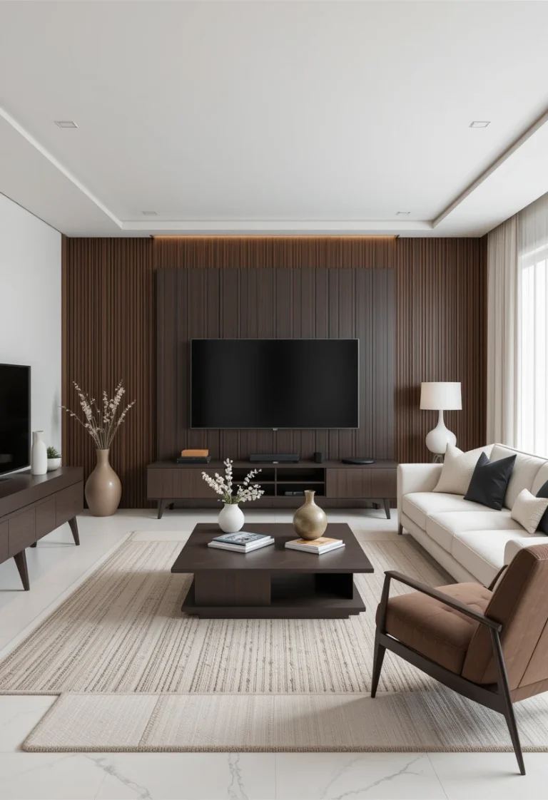 Modern White and Chocolate Brown Living Room