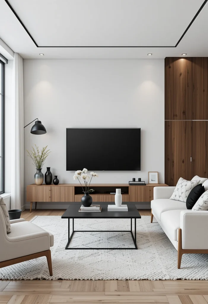 White and Brown TV Room with Black Accents