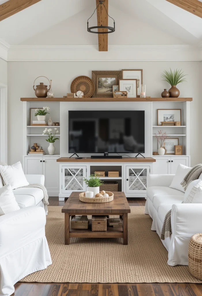 White and Brown Farmhouse TV Room