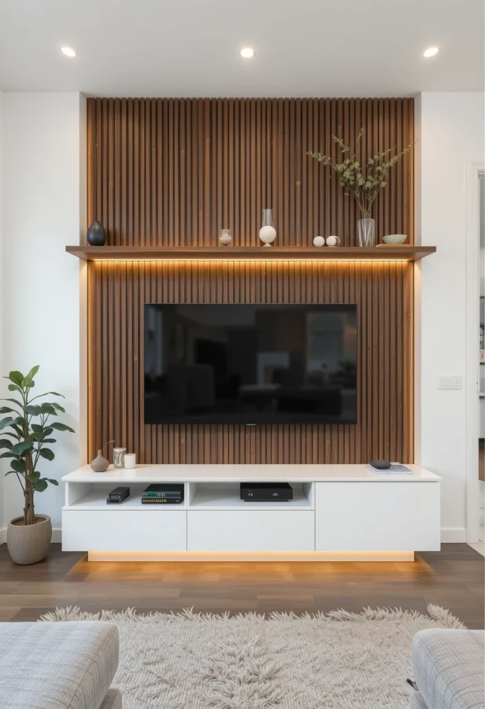 Add a Brown Wood Slat TV Wall