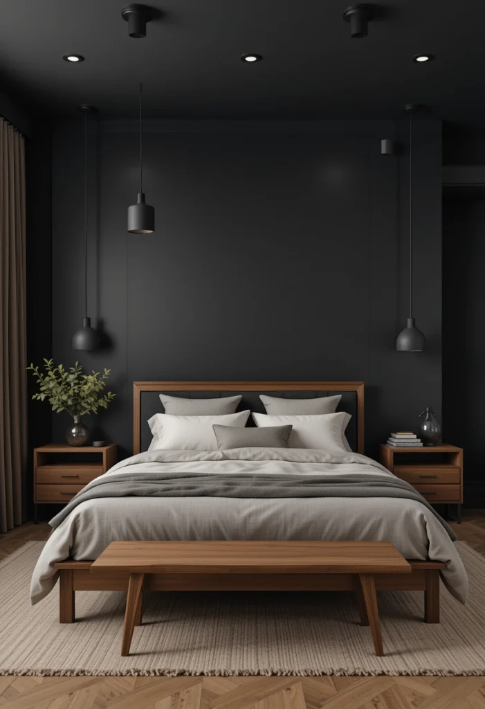 Charcoal Walls With Warm Wood