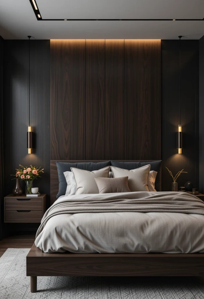 Dark Wood Bedroom With Soft Lighting