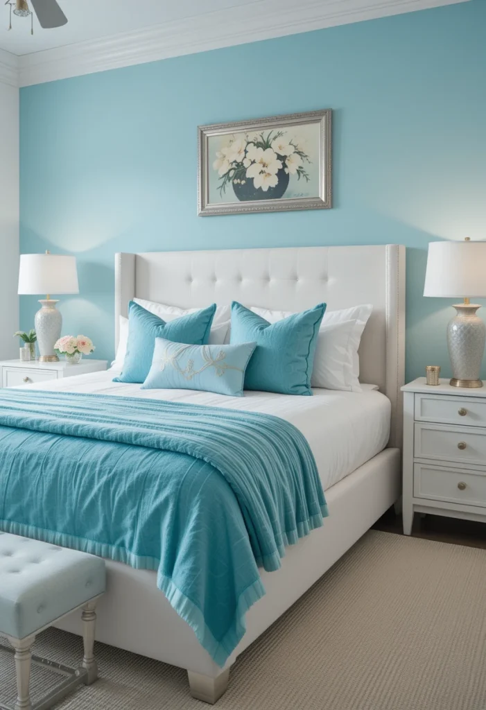 White Upholstered Bed with Blue Accents