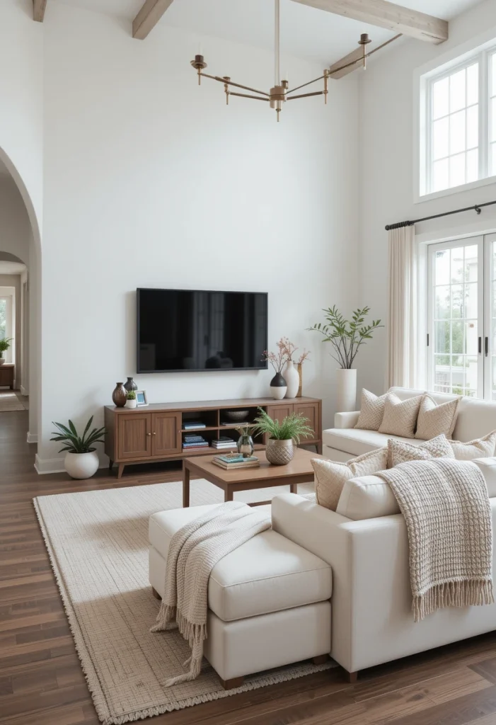 Warm Wood TV Console with a White Sectional