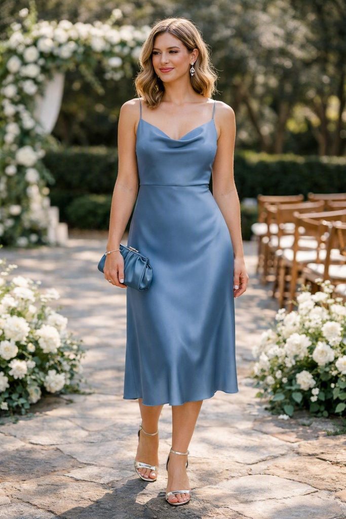 Satin Midi Dress with Strappy Heels