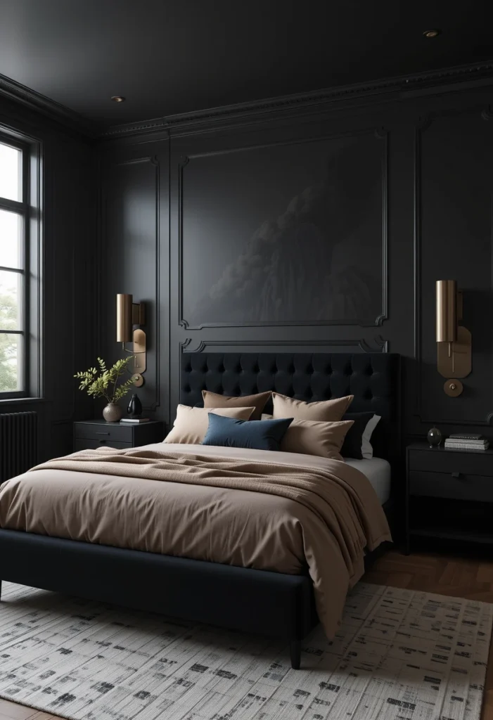 Black Bedroom With Warm Metallic Accents
