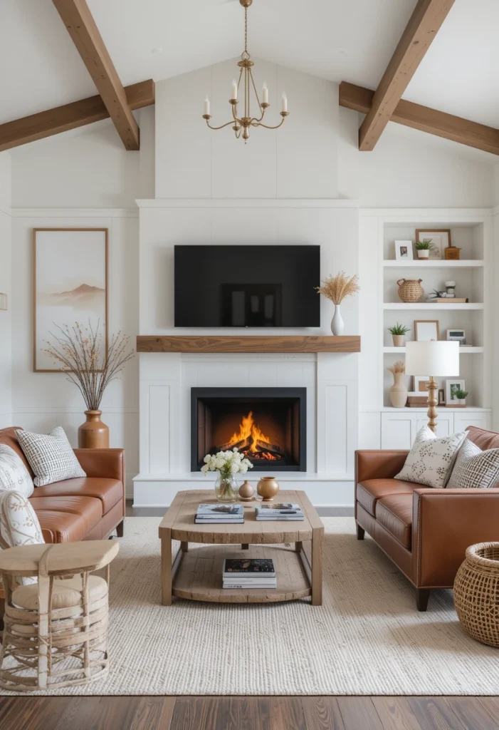 White Fireplace with Brown Wood Accents
