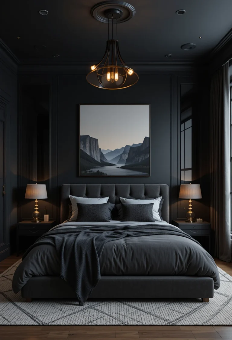 Dark Bedroom With a Statement Pendant Light
