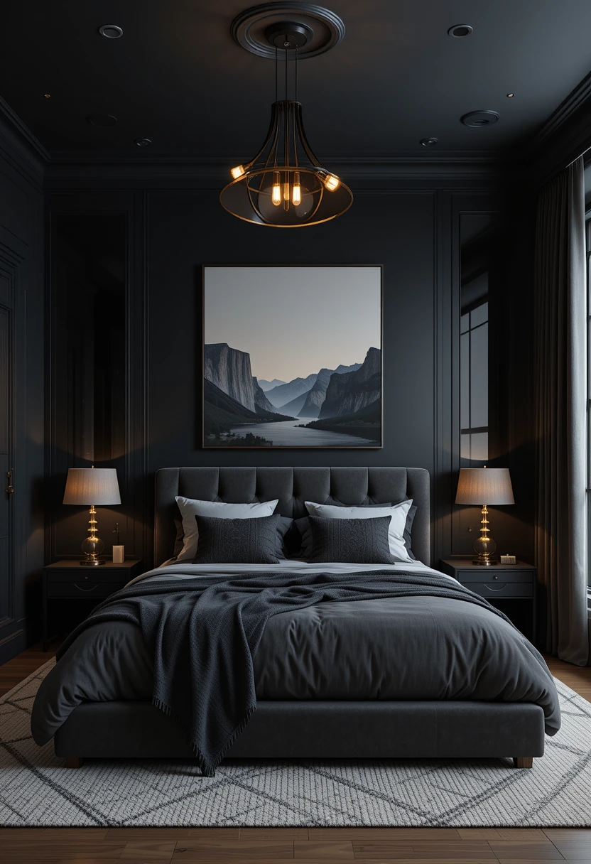 Dark Bedroom With a Statement Pendant Light