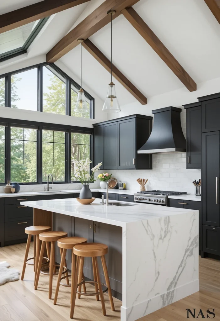 Modern Charcoal Kitchen With Warm Wood and Glass