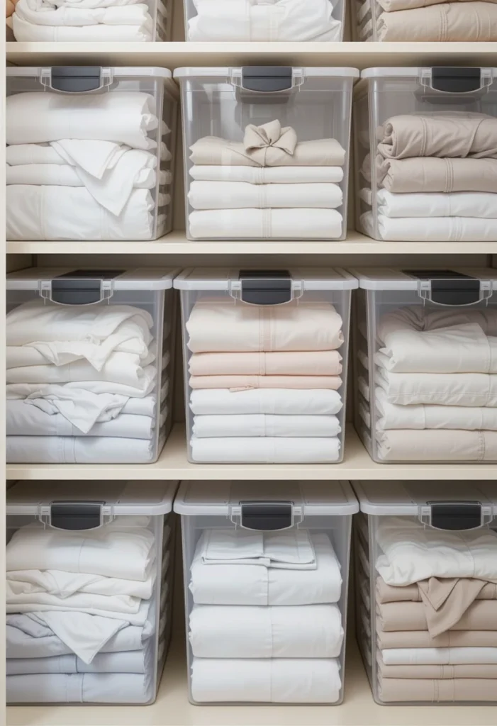 Organize Bedsheets in Clear Plastic Bins