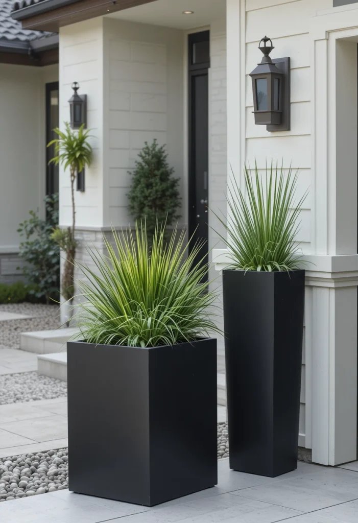 Sleek Black Planters With Greenery