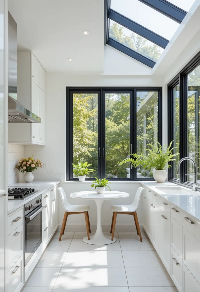 Modern White Sunroom Kitchen With Panoramic Windows