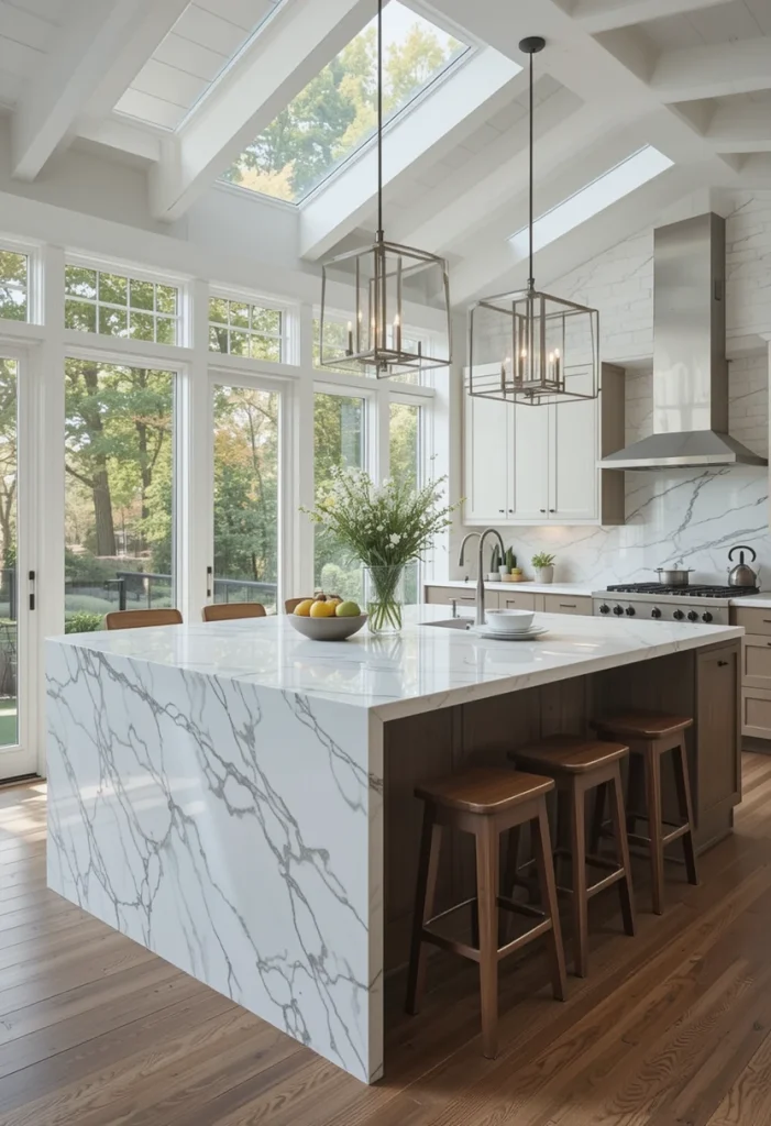 Sunroom Kitchen With a Modern Waterfall Island