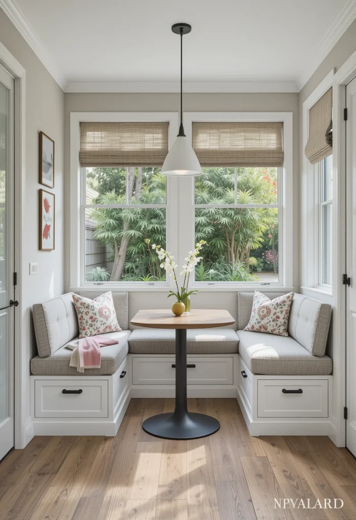 Compact Sunroom Kitchen With a Built-In Breakfast Bench