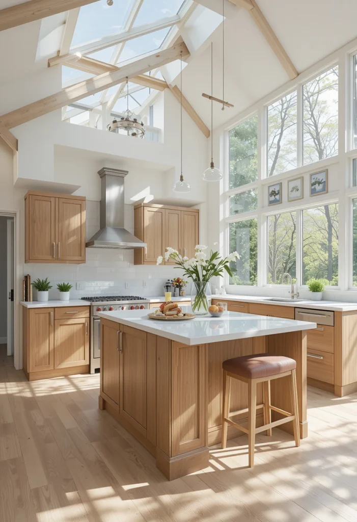 Sunroom Kitchen With a Light Oak Breakfast Island