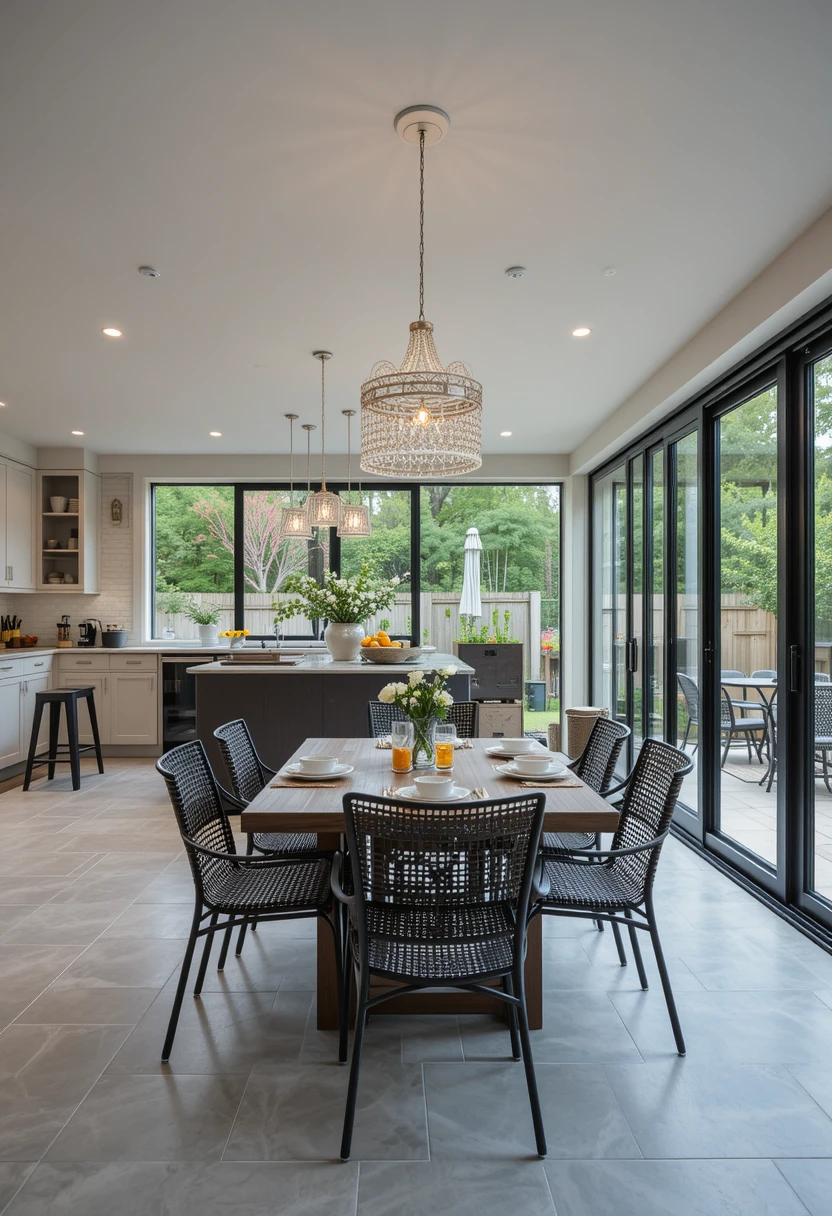 Indoor-Outdoor Sunroom Kitchen With Sliding Glass Doors