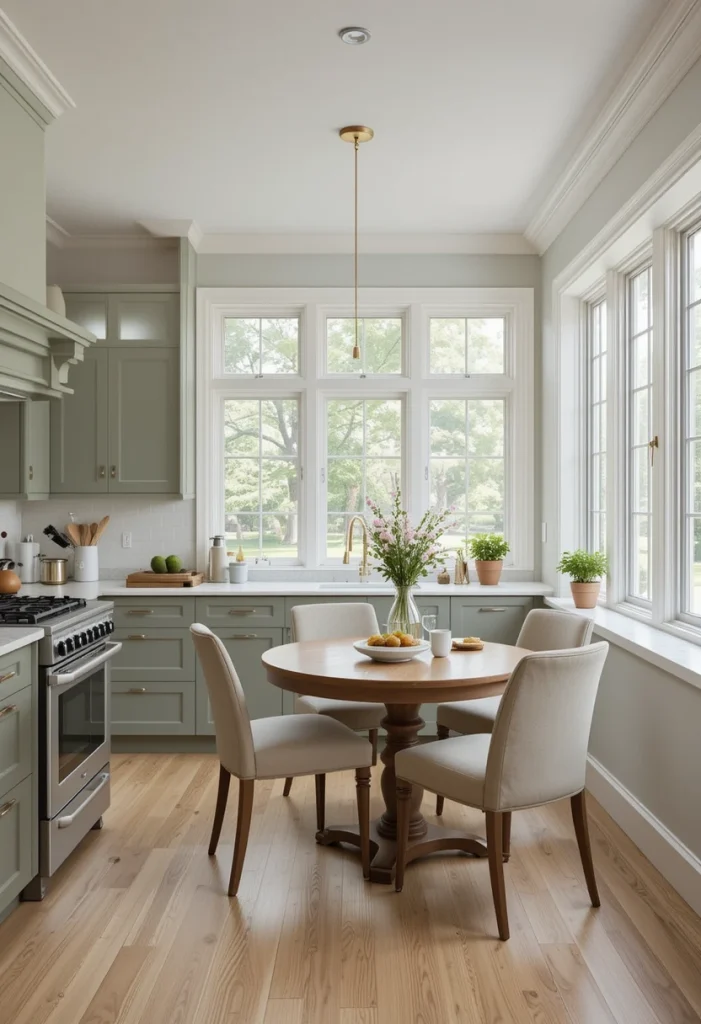 Sage Green Kitchen With a Sunlit Breakfast Nook