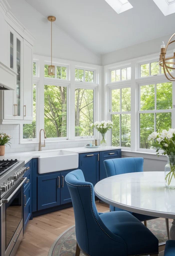 Contemporary Blue and White Sunroom Kitchen
