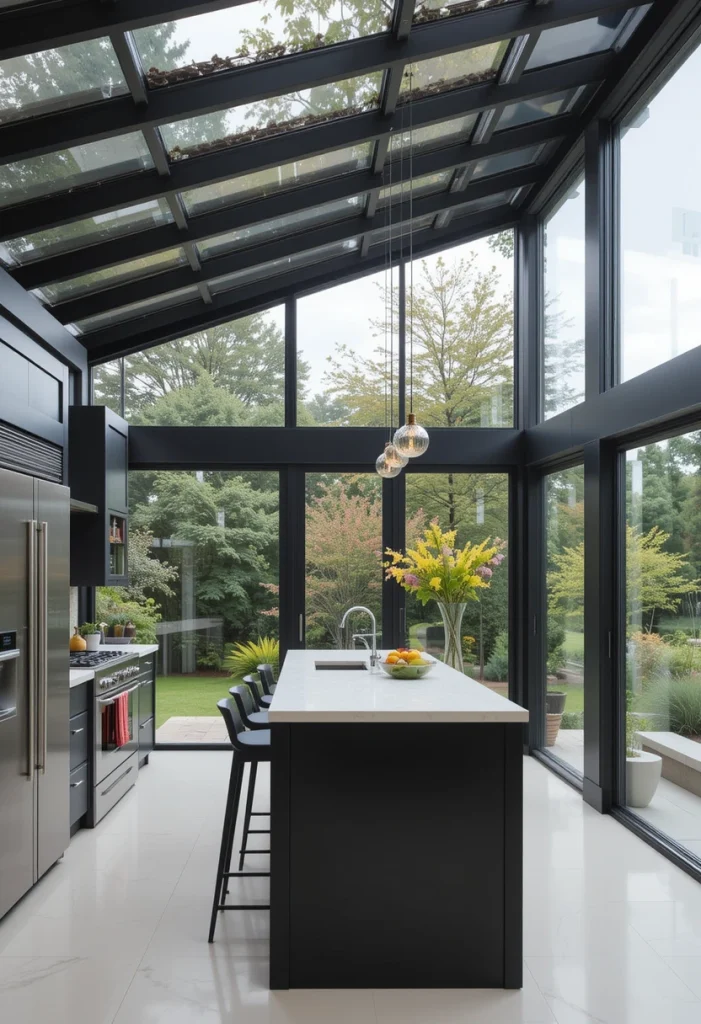 Modern Black-Framed Glass Sunroom Kitchen
